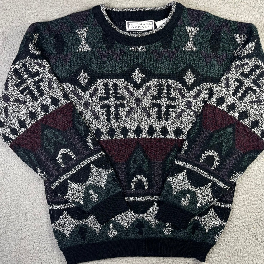Michael Gerald Sweater Mens Large Multi Color Vintage Geometric Knit Sweatshirt